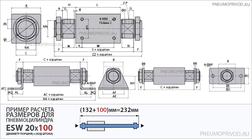 Размеры бесштокового магнитного цилиндра серии ESW