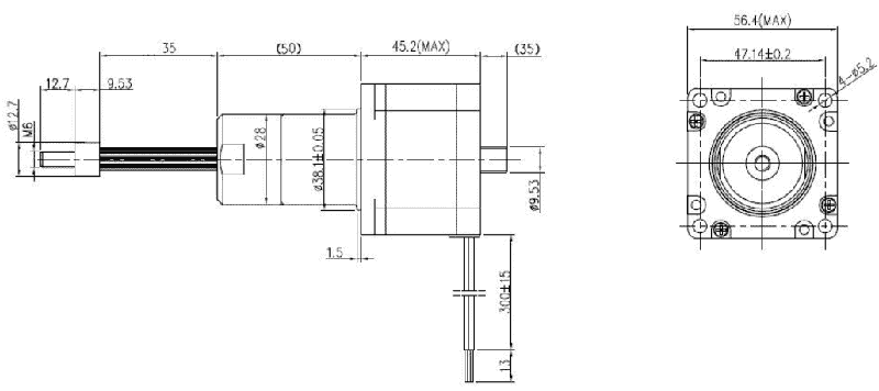 Габаритные и присоединительные размеры линейного шагового актуатора FL57STH-30C