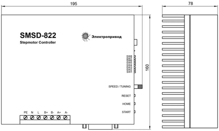 Габаритные размеры контроллера шаговых двигателей SMSD-822 rev.2