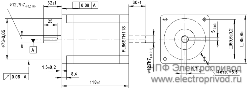 Габаритные и присоединительные размеры шаговых двигателей серии FL86STH118