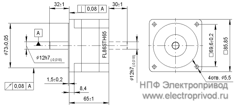 Габаритные и присоединительные размеры шаговых двигателей серии FL86STH65